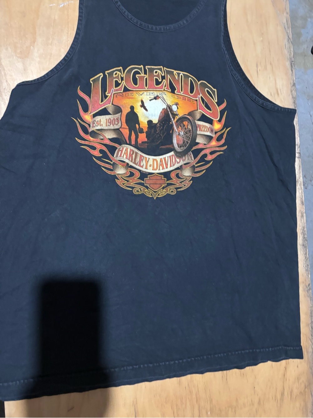 Harley-Davidson Black Tank Top with Orange & Gold 'Legends' Graphic